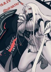 Rule 34 | 10s, 1girl, abyssal ship, bad id, bad twitter id, bare shoulders, breasts, claws, colored skin, dated, dress, female focus, horns, kantai collection, large breasts, long hair, meme (uiroktkr), red eyes, ribbed dress, seaport princess, short dress, simple background, single horn, solo, squatting, twitter username, very long hair, white dress, white hair, white skin