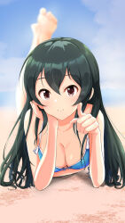 Rule 34 | 1girl, bare shoulders, barefoot, beach, bikini, black hair, blue bikini, blue sky, blurry, blurry background, blush, breasts, brown eyes, cleavage, closed mouth, cloud, collarbone, day, dot nose, full body, hands up, head rest, highres, idolmaster, idolmaster cinderella girls, idolmaster cinderella girls starlight stage, legs up, long hair, looking at viewer, lying, medium breasts, nagmilk, ocean, ohishi izumi, on stomach, outdoors, pointing, pointing at viewer, sky, smile, soles, solo, swimsuit, toes