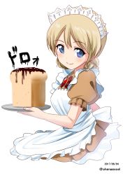 Rule 34 | 10s, 1girl, alternate costume, apron, blonde hair, blue eyes, braid, bread, brooch, brown dress, chocolate syrup, closed mouth, collared dress, commentary request, darjeeling (girls und panzer), dated, dress, enmaided, food, girls und panzer, highres, holding, jewelry, looking at viewer, maid, maid apron, maid headdress, one-hour drawing challenge, puffy short sleeves, puffy sleeves, shiina excel, short hair, short sleeves, simple background, smile, solo, standing, tray, twin braids, twitter username, white apron, white background