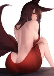 Rule 34 | 1girl, absurdres, akagi (azur lane), an yasuri, animal ear fluff, animal ears, ass, azur lane, back, backless dress, backless outfit, banned artist, breasts, brown hair, butt crack, closed mouth, commentary request, crossed legs, dress, feet out of frame, finger to mouth, fox ears, fox girl, fox tail, from behind, halter dress, halterneck, highres, knees up, large breasts, looking at viewer, looking back, no bra, no panties, official alternate costume, red dress, red eyes, simple background, solo, tail, white background