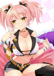 Rule 34 | 1girl, armlet, arms at sides, belt, black shorts, black thighhighs, blush, boots, bow, breasts, choker, cleavage, collarbone, cowboy shot, cropped jacket, cross-laced footwear, dated, earrings, fingernails, grin, hair bow, heart, heart earrings, highres, idolmaster, idolmaster cinderella girls, jewelry, jougasaki mika, large breasts, light blush, looking away, midriff, navel, nekomicha, open fly, peace medal, pillow, pink hair, shiny skin, shorts, sitting, sleeveless, smile, solo, teeth, thigh boots, thighhighs, thighs, twintails, v, wristband, yellow belt, yellow eyes
