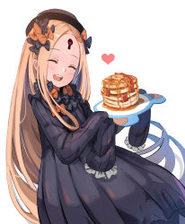 Rule 34 | 1girl, :d, abigail williams (fate), absurdres, bad id, bad pixiv id, black bow, black dress, black hat, blonde hair, blush, bow, closed eyes, dress, fate/grand order, fate (series), food, hair bow, hands in opposite sleeves, hat, head tilt, heart, highres, holding, holding plate, keyhole, long hair, long sleeves, looking at viewer, nekojira, open mouth, orange bow, pancake, pancake stack, parted bangs, plate, polka dot, polka dot bow, simple background, smile, solo, syrup, very long hair, white background
