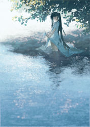 Rule 34 | 1girl, absurdres, branch, brown hair, commentary request, day, dress, closed eyes, highres, long dress, long hair, original, outdoors, partially submerged, ponytail, potg (piotegu), profile, scenery, shade, solo, tree shade, very long hair, wading, water, wet, wet clothes, wet hair, white dress, wringing clothes