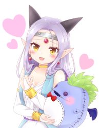 Rule 34 | 1girl, blush, bridal gauntlets, dragon quest, dragon quest x, earrings, estella (dq10), headpiece, heart, highres, horns, jewelry, jiro-min, long hair, looking at viewer, necklace, open mouth, pointy ears, purple hair, smile, solo, stuffed toy, upper body, yellow eyes