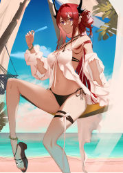 Rule 34 | 1girl, absurdres, arknights, bikini, black bikini, black footwear, blue sky, breasts, cleavage, cloud, cloudy sky, detached sleeves, food, foot out of frame, frown, hair ornament, hair rings, hammock, highres, holding, holding food, horns, long hair, long sleeves, medium breasts, official alternate costume, okamoto aoi, palm leaf, popsicle, purple eyes, red hair, sandals, sky, solo, star (symbol), star hair ornament, surtr (arknights), surtr (colorful wonderland) (arknights), swimsuit, swimsuit cover-up, thigh strap