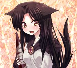 Rule 34 | 1girl, animal ears, blush, bottle, brooch, brown eyes, brown hair, drunk, fang, imaizumi kagerou, jewelry, long sleeves, open mouth, sake bottle, shirt, solo, tail, touhou, upper body, volcano (artist), volcano (liao), werewolf, wolf ears, wolf tail