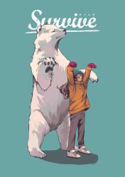 Rule 34 | 1girl, animal, arms up, bear, blue background, brown hair, coat, denim, english text, closed eyes, full body, gloves, height difference, highres, jeans, long hair, nanakawa (nanasoon), original, pants, polar bear, red gloves, shadow, simple background, solo, text focus, translated
