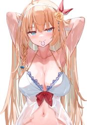 1girl 7gao ahoge armpits arms_behind_head arms_up bikini blonde_hair blue_eyes blush bow braid breasts chinese_commentary cleavage collarbone commentary_request flower hair_between_eyes hair_flower hair_ornament hair_tie_in_mouth hairband halterneck highres large_breasts long_hair looking_at_viewer midriff mouth_hold navel pecorine_(princess_connect!) pecorine_(summer)_(princess_connect!) princess_connect! red_bow rose see-through_clothes simple_background smile solo stomach swimsuit tying_hair upper_body very_long_hair white_background white_bikini white_flower white_hairband white_rose