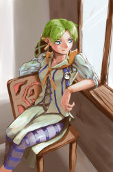 Rule 34 | 1girl, absurdres, akumesik, blue eyes, bracelet, chair, cross-laced clothes, earrings, grandia, grandia i, green hair, hair net, highres, jewelry, leggings, lily (grandia), looking to the side, parted bangs, sitting, solo, striped, striped leggings, window