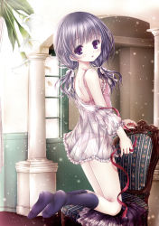 Rule 34 | 1girl, :o, ass, bare shoulders, black socks, blunt bangs, blush, camisole, chair, dust, eyebrows, feet, frilled sleeves, frills, from behind, from side, full body, hair ribbon, indoors, kneehighs, kneeling, long hair, low twintails, mubi alice, no shoes, off shoulder, original, panties, parted lips, pillar, pink panties, plant, pleated skirt, potted plant, puffy short sleeves, puffy sleeves, purple eyes, purple hair, red ribbon, ribbon, see-through, shirt, short sleeves, skirt, unworn skirt, sleeveless, socks, solo, string, string of fate, twintails, underwear, white ribbon, white shirt