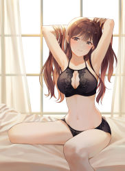 Rule 34 | 1girl, absurdres, armpits, arms behind head, arms up, bed sheet, black bra, black panties, blush, bra, breasts, brown eyes, brown hair, cleavage, commission, curtains, gonzz (gon2rix), highres, indoors, lace, lace bra, lace panties, lingerie, long hair, looking at viewer, medium breasts, morning, navel, original, panties, sitting, solo, underwear, underwear only, window