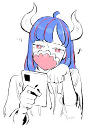 Rule 34 | 1girl, ahoge, apple inc., blue hair, cellphone, covered mouth, curled horns, dinosaur girl, holding, holding phone, horns, iphone, long hair, mask, mouth mask, multicolored hair, musical note, one piece, phone, pink eyes, pink hair, pink mask, raine (acke2445), smartphone, solo, streaked hair, ulti (one piece)
