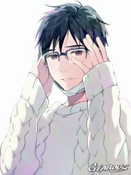 Rule 34 | 1boy, artist name, black hair, brown eyes, close-up, fingernails, gearous, glasses, hands on own cheeks, hands on own face, happy, katsuki yuuri, light smile, long sleeves, looking at viewer, male focus, mask, parted lips, short hair, simple background, smile, sweater, teeth, upper body, white background, yuri!!! on ice