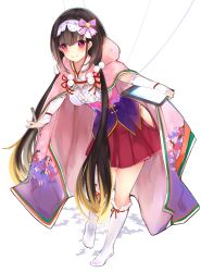 Rule 34 | 1girl, bad id, bad pixiv id, black hair, blush, breasts, brown hair, cloak, fate/grand order, fate (series), gradient hair, hair bobbles, hair ornament, hair ribbon, hairband, highres, hood, hood down, hooded cloak, itohime, large breasts, leaning forward, long hair, looking at viewer, low twintails, multicolored hair, osakabehime (fate), purple eyes, purple skirt, ribbon, skirt, smile, socks, solo, stylus, tablet pc, twintails, very long hair, white socks
