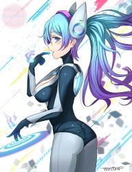 Rule 34 | 1girl, absurdres, alternate costume, artist name, ass, blue eyes, blue hair, bodysuit, breasts, cleavage, colored eyelashes, dj sona, female focus, from side, frown (wonderland85711), gradient hair, headband, highres, large breasts, league of legends, long hair, looking at viewer, matching hair/eyes, multicolored hair, skin tight, solo, sona (league of legends), twintails, very long hair