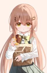 Rule 34 | 1girl, :t, bag, bow, brown background, brown hair, closed mouth, collared shirt, doughnut, dress, dress shirt, eating, food, green bow, green dress, hair between eyes, hair ornament, hairclip, holding, holding food, long hair, long sleeves, low twintails, hugging object, original, pleated dress, puffy long sleeves, puffy sleeves, shirt, simple background, sleeveless, sleeveless dress, sleeves past wrists, solo, squirrel girl (yuuhagi (amaretto-no-natsu)), twintails, very long hair, white shirt, x hair ornament, yellow eyes, yuuhagi (amaretto-no-natsu)