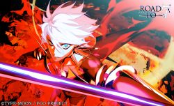 Rule 34 | 1boy, blue eyes, choker, fate/grand order, fate (series), fire, karna (fate), lance, looking at viewer, male focus, official art, pako (pakosun), polearm, red background, weapon, white hair