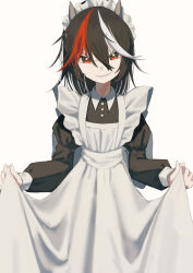 Rule 34 | 1girl, absurdres, alternate costume, apron, black sleeves, clothes lift, cone horns, dress, dress lift, enmaided, facing viewer, grey horns, highres, horns, kijin seija, long sleeves, looking at viewer, maid, maid apron, maid headdress, multicolored hair, nanashi nasi, red eyes, red hair, simple background, small horns, solo, streaked hair, touhou, white background, white hair
