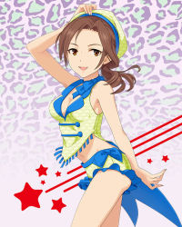 Rule 34 | 10s, 1girl, abstract background, arm behind back, arm up, bare arms, bow, breasts, brown eyes, brown hair, cleavage, frills, hand on headwear, hat, idolmaster, idolmaster cinderella girls, jpeg artifacts, kawashima mizuki, looking at viewer, low ponytail, medium breasts, midriff, multicolored background, neck ribbon, official art, ponytail, ribbon, shorts, sleeveless, smile, solo, star (symbol)