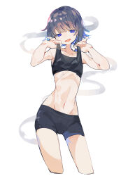 Rule 34 | 1girl, absurdres, black shorts, black sports bra, blue eyes, borrowed character, commentary request, cowboy shot, flat chest, grey hair, highres, looking at viewer, open mouth, original, short hair, short shorts, shorts, smile, smoke, solo, sports bra, uenomigi