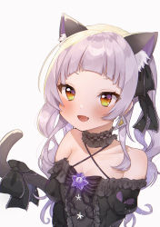Rule 34 | 1girl, :d, absurdres, animal ears, bad id, bad pixiv id, bare shoulders, black dress, black sleeves, blunt bangs, blush, bow, breasts, brooch, cat ears, cat girl, cat tail, center frills, choker, collarbone, criss-cross halter, detached sleeves, dress, dress bow, earrings, fang, frilled choker, frilled dress, frilled ribbon, frills, gothic lolita, hair ribbon, halter dress, halterneck, highres, hololive, jewelry, juliet sleeves, lolita fashion, long hair, long sleeves, murasaki shion, murasaki shion (gothic lolita), oco 0919, open mouth, puffy sleeves, ribbon, short eyebrows, sidelocks, silver hair, simple background, skin fang, sleeveless, sleeveless dress, small breasts, smile, solo, star (symbol), tail, tail bow, tail ornament, triangle earrings, twintails, upper body, virtual youtuber, white background, yellow eyes