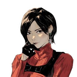Rule 34 | 1girl, ada wong, black gloves, black hair, blush, brown eyes, chest harness, earrings, fune (nkjrs12), gloves, half gloves, hand on own face, harness, highres, jewelry, looking at viewer, red sweater, resident evil, resident evil 4, resident evil 4 (remake), short hair, signature, simple background, smile, solo, stud earrings, sweater, turtleneck, upper body, white background