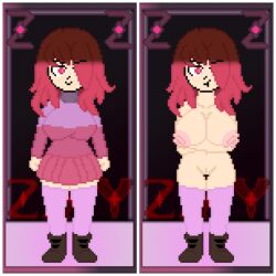 Rule 34 | bete noire, boots, breasts, brown hair, glitchtale, huge breasts, nipples, nude, pink eyes, pink hair, pink shirt, purple shirt, red skirt, shirt, short hair, skirt, zixy (artists)