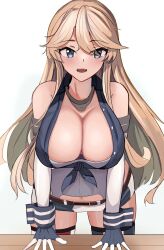 Rule 34 | 1girl, asymmetrical legwear, bent over, blonde hair, blue eyes, breasts, cleavage, collar, commentary request, cowboy shot, dimos (dawn 1945), fingerless gloves, front-tie top, gloves, highres, iowa (kancolle), kantai collection, large breasts, metal collar, miniskirt, mismatched legwear, navel, simple background, skirt, solo, star-shaped pupils, star (symbol), striped clothes, striped skirt, striped thighhighs, symbol-shaped pupils, thighhighs, vertical-striped clothes, vertical-striped skirt, vertical-striped thighhighs, white background