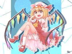 Rule 34 | 1girl, abstract background, ascot, back bow, blonde hair, bloomers, bow, breasts, bright pupils, crossed legs, crystal, eyes visible through hair, fang, flandre scarlet, hand on own cheek, hand on own face, hat, hat bow, hat ribbon, highres, index finger raised, looking at viewer, mary janes, medium hair, mob cap, open mouth, outline, puffy short sleeves, puffy sleeves, red bow, red eyes, red footwear, red ribbon, red skirt, red vest, ribbon, shirt, shoes, short sleeves, skirt, small breasts, socks, solo, touhou, underwear, upskirt, v-shaped eyebrows, vest, white bow, white hat, white outline, white shirt, white socks, wings, yellow ascot, zanasta0810