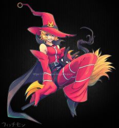 Rule 34 | 1girl, black cat, broom, broom riding, cat, digimon, hat, highres, looking at viewer, red hat, sharp teeth, smile, tail, teeth, witch, witch hat, witchmon
