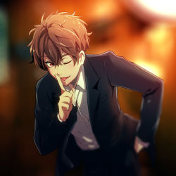 Rule 34 | 10s, 1boy, bad id, bad pixiv id, brown hair, formal, free!, high speed!, kirishima natsuya, male focus, necktie, one eye closed, rayu, red eyes, solo, suit, tongue, tongue out, upper body
