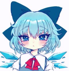 Rule 34 | 1girl, :&lt;, :/, blue bow, blue dress, blue eyes, blue hair, blush, bow, bowtie, cirno, closed mouth, commentary request, dress, expressionless, hair between eyes, highres, ice, ice wings, looking at viewer, red bow, red bowtie, renakobonb, short hair, simple background, solo, straight-on, touhou, tsurime, white background, wings