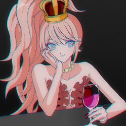 Rule 34 | 1girl, alcohol, bare arms, bare shoulders, bead necklace, beads, breasts, cleavage, crown, cup, danganronpa: trigger happy havoc, danganronpa (series), danganronpa 10th anniversary costume, drinking glass, enoshima junko, jewelry, long hair, medium breasts, necklace, official alternate costume, sinamolol, upper body, wine, wine glass
