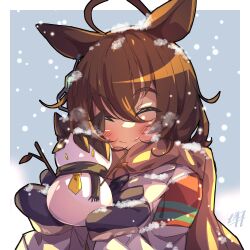 Rule 34 | 1girl, agnes tachyon (umamusume), ahoge, animal ears, brown hair, closed eyes, closed mouth, earrings, hair between eyes, highres, holding, horse ears, horse girl, jewelry, mittens, outdoors, scarf, signature, single earring, smile, snowman, solo, umamusume, upper body, woruta (soloistlist)