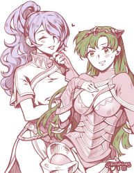 Rule 34 | 2girls, armor, black armor, blue eyes, blush, breasts, camilla (fire emblem), camilla (fire emblem) (cosplay), cleavage, cosplay, costume switch, dress, fire emblem, fire emblem: the blazing blade, fire emblem fates, fire emblem heroes, gloves, green hair, hair over one eye, highres, large breasts, liefe, lips, long hair, lyn (fire emblem), lyn (fire emblem) (cosplay), multiple girls, nintendo, open mouth, ponytail, purple hair, smile, tiara, very long hair, wavy hair