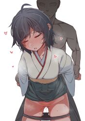 Rule 34 | 1boy, 1girl, absurdres, black hair, black panties, blush, closed eyes, commentary request, faceless, faceless male, gluteal fold, heart, hetero, highres, japanese clothes, kantai collection, kimono, matsukaze (kancolle), meiji schoolgirl uniform, nose blush, panties, panty pull, pubic hair, sex, sex from behind, shiawase hougan, short hair, silhouette, simple background, solo focus, sweat, tears, underwear, white background, wide sleeves