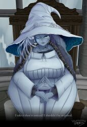Rule 34 | 1girl, blue eyes, blue hair, blue skin, breasts, colored skin, covered navel, cracked skin, elden ring, extra arms, extra faces, fat, female focus, hat, highres, jewelry, large breasts, long hair, looking at viewer, one eye closed, plump, ranni the witch, ring, solo, wide hips, witch hat, yummygoods