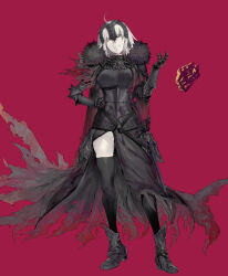 Rule 34 | 1girl, absurdres, ahoge, armor, armored dress, black cape, black dress, black thighhighs, breasts, cape, chain, dress, fate/grand order, fate (series), faulds, full body, fur-trimmed cape, fur trim, gauntlets, hand on own hip, headpiece, highres, hiro (user negm3832), jeanne d&#039;arc alter (avenger) (fate), jeanne d&#039;arc alter (avenger) (first ascension) (fate), jeanne d&#039;arc alter (fate), large breasts, looking at viewer, plackart, short hair, smile, solo, standard bearer, sword, thighhighs, torn cape, torn clothes, weapon, white hair, yellow eyes