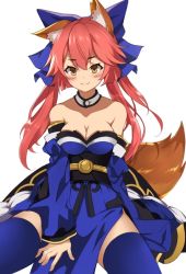 Rule 34 | 1girl, animal ear fluff, animal ears, blue bow, blue kimono, blue thighhighs, bow, breasts, detached collar, detached sleeves, fate/extra, fate/grand order, fate (series), fox ears, fox girl, fox tail, hair bow, japanese clothes, kimono, large breasts, long hair, obi, pelvic curtain, pink hair, sash, short kimono, solo, split ponytail, tail, tamamo (fate), tamamo no mae (fate/extra), thighhighs, xianyu (pixiv9677779), yellow eyes