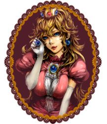 Rule 34 | 1girl, bad id, bad pixiv id, blonde hair, blue eyes, bonnou-s-rice, breasts squeezed together, breasts, crown, dress, earrings, elbow gloves, female focus, framed, gloves, jewelry, large breasts, lips, lipstick, long hair, makeup, mario (series), marker (medium), mixed media, nintendo, pink dress, portrait, princess peach, puffy sleeves, solo, traditional media, upper body, wavy hair