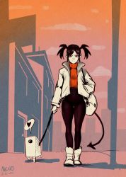 Rule 34 | 1girl, absurdres, bag, black hair, building, closed mouth, cloud, creature, demon tail, film grain, hand in pocket, heart, highres, holding, holding leash, jacket, lamppost, leash, medium hair, menoziriath, open clothes, open jacket, orange sweater, original, red eyes, shirt tucked in, signature, silhouette, spoken heart, sweater, tail, thigh gap, turtleneck, turtleneck sweater, twintails, walking, white bag, white footwear, white jacket