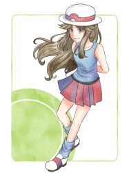 1girl arms_behind_back blue_legwear blue_shirt brown_eyes brown_hair closed_mouth collarbone creatures_(company) floating_hair full_body game_freak hat highres leaf_(pokemon) long_hair loose_socks mahiro_(v6gxk) miniskirt nintendo parted_bangs pleated_skirt pokemon pokemon_frlg red_skirt shirt skirt sleeveless sleeveless_shirt smile socks solo white_background white_hat