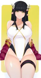 Rule 34 | 1girl, absurdres, bare shoulders, black hair, black one-piece swimsuit, blunt bangs, breasts, competition swimsuit, covered navel, eyeliner, highleg, highleg swimsuit, highres, large breasts, long hair, looking at viewer, makeup, maruyaa (malya1006), minoto, monster hunter (series), monster hunter rise, one-piece swimsuit, pointy ears, solo, swimsuit, thighs, two-tone swimsuit, white one-piece swimsuit, yellow eyes