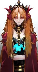 Rule 34 | 1girl, belt, blonde hair, bow, crown, detached collar, earrings, ereshkigal (fate), expressionless, fate/grand order, fate (series), fire, fire, gradient background, hair bow, halterneck, jewelry, kdm (ke dama), long hair, looking at viewer, orange eyes, pale skin, red bow, simple background, skill, solo, white background