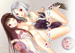 Rule 34 | 2girls, bad id, bad pixiv id, blush, bottomless, breasts, brown eyes, brown hair, facial mark, fang, forehead mark, grey background, groin, hair ornament, multiple girls, nipples, off shoulder, one eye closed, original, silver hair, simple background, small breasts, smile, wink, yuuki rika