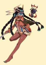 Rule 34 | 1girl, bare shoulders, barefoot, belt, black hair, blue eyes, blue nails, bodypaint, braid, breasts, clenched hand, dark-skinned female, dark skin, fate/grand order, fate (series), feet, genderswap, genderswap (mtf), geronimo (fate), geronimo (third ascension) (fate), headdress, highres, holding, holding weapon, long hair, nail polish, native american, navel, open mouth, rokkotsu, simple background, small breasts, solo, toes, very long hair, weapon, yellow background