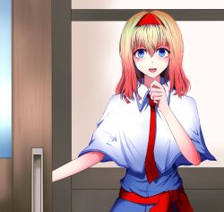 1girl alice_margatroid blonde_hair blue_dress blue_eyes blush capelet collared_capelet commentary_request cookie_(touhou) dress hair_between_eyes hairband hand_up highres hinase_(cookie) looking_at_viewer medium_hair necktie open_mouth red_hairband red_necktie red_sash sakuna_brownie sash sliding_doors smile solo touhou upper_body white_capelet