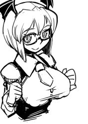 Rule 34 | 1girl, alternate hair length, alternate hairstyle, bat wings, bespectacled, breasts, covered erect nipples, dress shirt, framed breasts, glasses, greyscale, head wings, highres, koakuma, large breasts, long sleeves, looking at viewer, maru-sun, monochrome, necktie, shirt, simple background, sketch, smile, solo, taut clothes, taut shirt, touhou, vest, white background, white shirt, wings