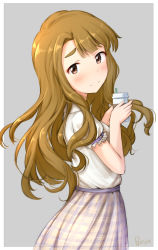 Rule 34 | 1girl, artist name, basa rutan, blush, brown eyes, brown hair, cup, disposable cup, drinking straw, from side, grey background, holding, holding cup, idolmaster, idolmaster million live!, long hair, looking at viewer, looking to the side, miyao miya, outside border, plaid, plaid skirt, shirt, short sleeves, simple background, skirt, smile, solo, standing, thick eyebrows