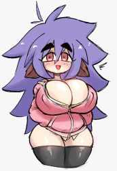 Rule 34 | 1girl, animal ears, areola slip, blush stickers, bottomless, breasts, covered erect nipples, curvy, dog ears, highres, hizuki ayana, huge breasts, jacket, jellot, kagaku na yatsura, large areolae, long hair, no bra, no panties, open clothes, purple hair, red eyes, solo, standing, thick thighs, thighhighs, thighs, wide hips